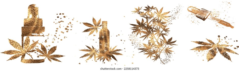 Golden design - hemp leaves. Hand drawn. Different glass bottles with CBD oil, hemp oil and hemp seeds. Cosmetics CBD oil for health.	