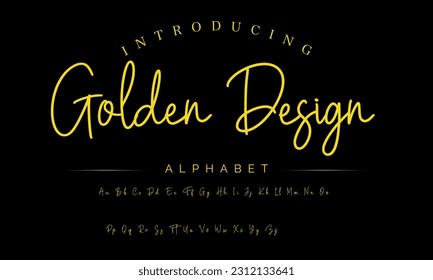 Tipo de letra de la firma Golden Design Lettering aislado en fondo gris. alfabeto de estilo brus. Letras del logotipo del vector.