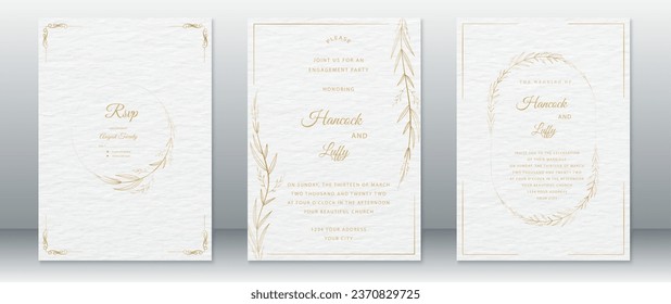 Golden design luxury wedding invitation card template with gold frame leaf wreath ornament and watercolor texture background