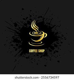 Golden design vector template Coffee cup logo. Hot drink concept icon