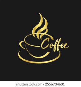 Golden design vector template Coffee cup logo. Hot drink concept icon