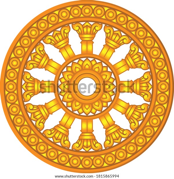 Golden dharma wheel in Buddhism religion concept.\
another name is Dhamma Chak or Wheel of Dharma This picture is used\
as a symbol of the Thai Sangha. Unique in that it has 12 inner\
grips or bars.