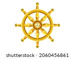 Golden Dharma wheel. Buddhism sacred symbol. Dharmachakra. Vector illustration isolated on white background 