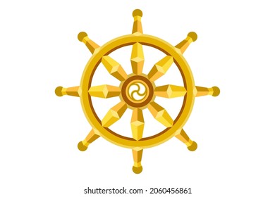 Golden Dharma wheel. Buddhism sacred symbol. Dharmachakra. Vector illustration isolated on white background 