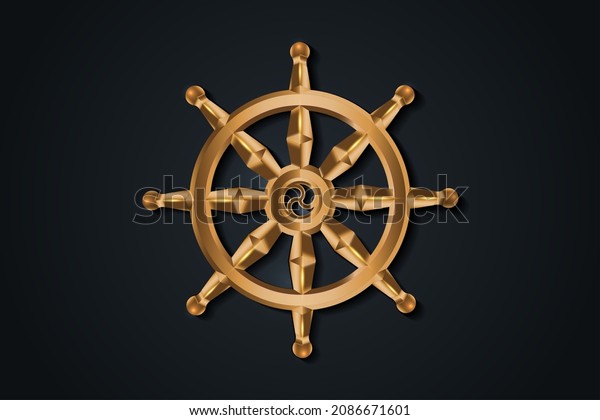 Golden Dharma\
wheel. Buddhism sacred symbol. Dharmachakra. Vector illustration\
isolated on black background\
