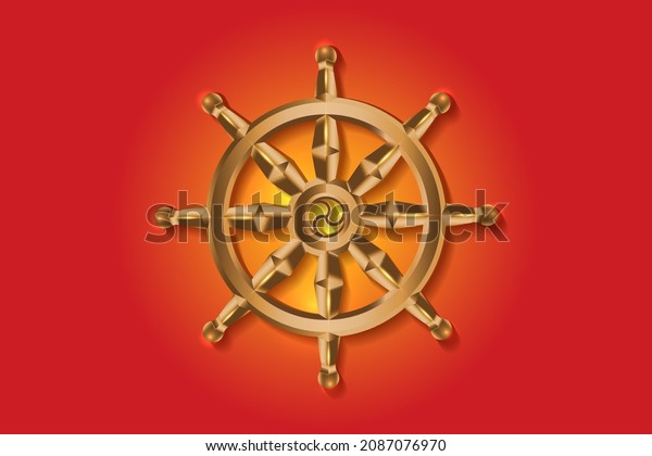 Golden\
Dharma wheel. Buddhism sacred symbol. Dharmachakra. Vector\
illustration isolated on colorful background\
