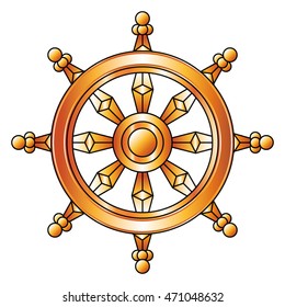 Golden Dharma Wheel. Buddhism Vector Symbol.