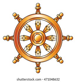 Golden Dharma wheel. Buddhism vector symbol.