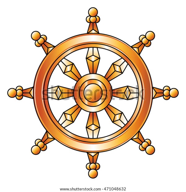 Golden Dharma\
wheel. Buddhism vector\
symbol.