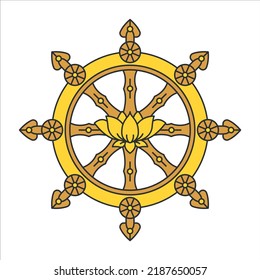 Golden Dharma wheel. Dharmachakra Buddhism sacred symbol. Isolated vector illustration