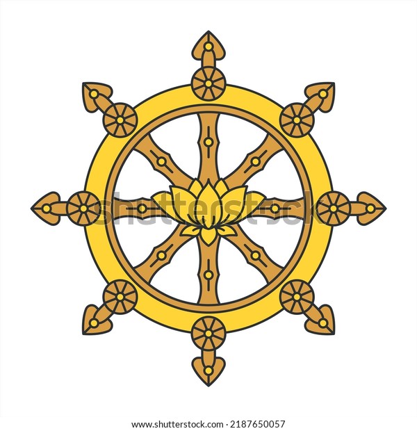 Golden Dharma wheel. Dharmachakra Buddhism\
sacred symbol. Isolated vector\
illustration