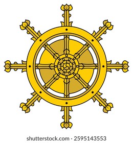 Golden Dharma Wheel (Dharmachakra) – Buddhist Spiritual Symbol. Vector illustration Concept.