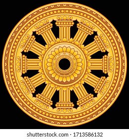 Golden Dharma wheel isolated on black background. Graphic vector