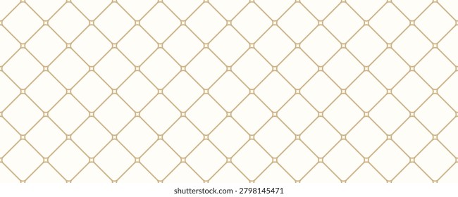 Golden diagonal cross line grid seamless pattern with tiny star. Diamond shaped outline background. Abstract geometric print. Minimalist repeat backdrop with metallic wire texture. Vector illustration