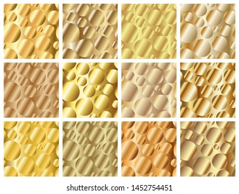 Golden diagonal gradient circles seamless patterns set. Abstract modern vector background. Shiny metal endless wallpaper.