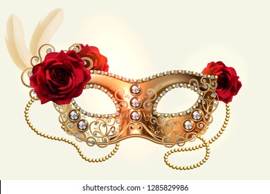 Golden diamond carnival mask with roses in 3d illustration