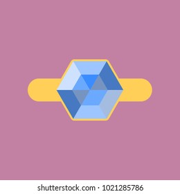Golden diamond engagement ring flat vector illustration icon logo symbol sign on pink background blue gemstone jewelry celebration marriage present gift expensive luxury wealth anniversary honeymoon.