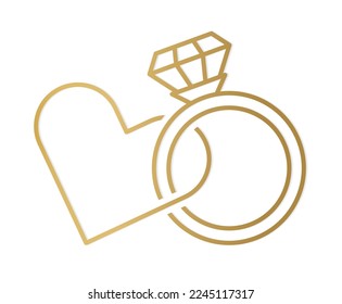 golden diamond engagement ring and heart icon  - vector illustration