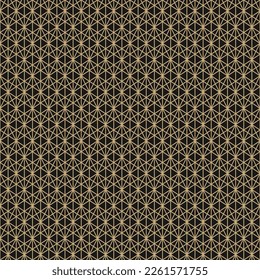 Golden diamond grid vector seamless pattern. Luxury abstract geometric texture with thin diagonal cross lines, diamonds, rhombuses, triangles, mesh, lattice. Simple elegant gold and black background