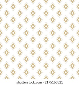 Golden Diamond Pattern. Vector Geometric Seamless Ornament With Small Outline Rhombus Shapes. Abstract Gold And White Graphic Texture. Luxury Minimal Background. Simple Repeat Design For Print, Decor