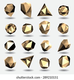 Golden diamond polygon triangle stone 3d objects set