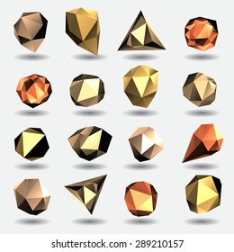 Golden diamond polygon triangle stone 3d objects set