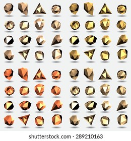 Golden diamond polygon triangle stone 3d objects set
