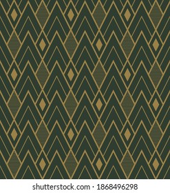 Golden diamond shape on a green background, art deco style. Seamless geometric pattern. Vector illustration.