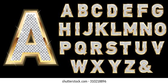 Golden diamond shiny letters isolated on black background.