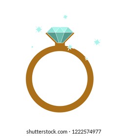 Golden With Diamond Wedding Engagement Ring Icon - Crystal Jewelery Illustration Isolated.