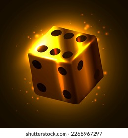 Golden dice. Golden vector dice isolated on dark background. Vector illustration.