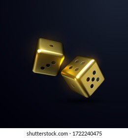 Golden dices isolated on black background. Vector realistic 3d illustration. Casino or gambling concept. Game sign. Shiny cubes.