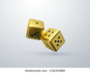 Golden dices isolated on white background. Vector realistic 3d illustration. Casino or gambling concept. Game sign. Shiny cubes.