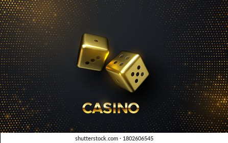 Golden dices on black background with golden glitters. Vector realistic 3d illustration. Casino or gambling concept. Game sign. Shiny cubes.
