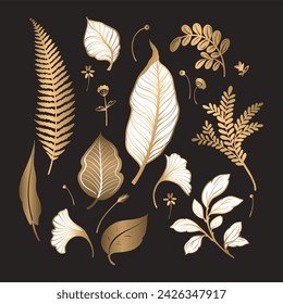 Golden different leaves isolated. Vector