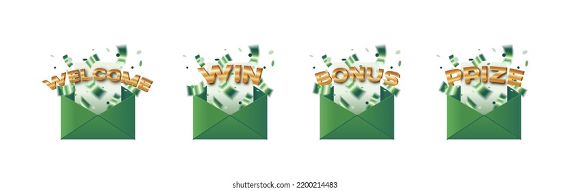 Golden different words with confetti and glitter pop up from green email envelope vector illustration for promotion and advertising set