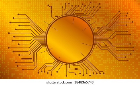 Golden digital circle with circuit board tracks on golden background. Blank for logo or symbol in the center of the circle. Vector EPS10.