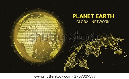 Golden Digital Earth Global Network, Connected World Map with Data Lines and Nodes, Technology Communication Vector Background