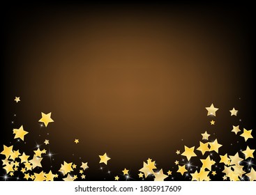 Golden Digital Stars Vector Brown Background. Falling Dust Pattern. Space Design. Yellow Xmas Starry Background.
