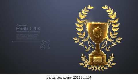 Golden digital trophy with laurel wreath, symbolizing victory and achievement. Futuristic low poly design, representing excellence and recognition in sports, business, or competition. Vector