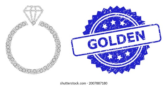 Goldener schmutziger Stempel und Vektorfraktaler Mosaikdiamantenring. Das blaue Siegel hat Golden Text in Rosette. Vektormosaik wird mit willkürlich rotierten Diamantringsymbolen gebildet.