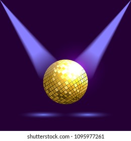 Golden disco ball and light beams on dark background. Vector illustration EPS10