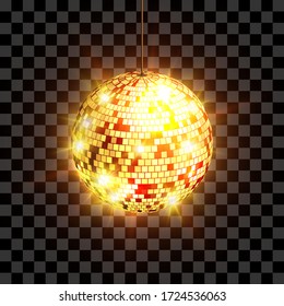 Golden disco ball with light rays isolated on transparent background. Vector illustration.