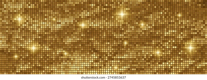 Golden disco ball pattern with mirror mosaic tiles creating a seamless glittering texture perfect for party vector backgrounds and nightclub designs with shimmering disco vibes.