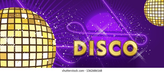 golden Disco ball with rays and sparkles, Abstract retro background for dance parties and night music shows, vector horizontal illustration in violet-golden colors.
