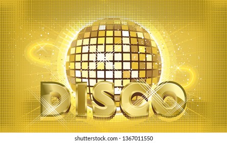 golden Disco ball with rays and sparkles, Abstract retro background for dance parties and night music shows, vector horizontal illustration