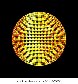 Golden disco ball. Shiny illuminated disco ball on a dark background for design flyers posters and other. Vector illustration with a glass in form heart