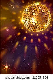 Golden Disco Ball. Vector background. EPS 10. Masks are used, so you can move the ball and lights.  Smartly grouped and layered.