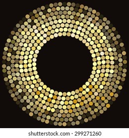 Golden disco lights frame, abstract mosaic background, concentric circles of glowing pixels - vector illustration