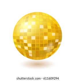 Golden disco mirror ball isolated on white background, realistic vector illustration